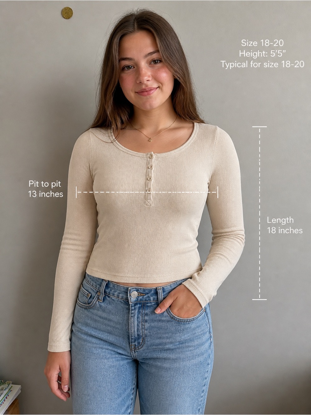 GAP Teen Ribbed Cream Henley Long Sleeve Top